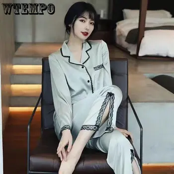 Секси дантелен Пижамный комплект за жени, Корейската риза с дълъг ръкав, брючный рокля с цепка, Всекидневни домашен костюм от коприна лед, Луксозно облекло за сън, комплекти от 2 теми
