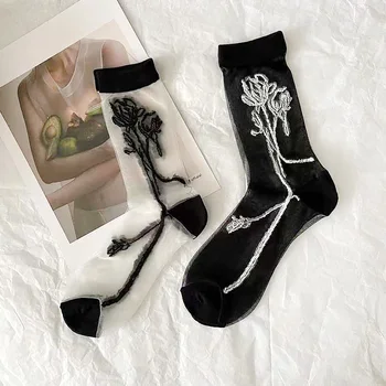 Модни летни тънки Прозрачни Копринени чорапи с кристали, Дамски чорапи с цветя модел за момичета, Еластични чорапи дишащи средна дължина