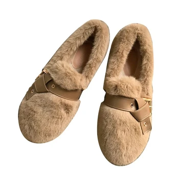 Обувки; Дамски Зимни Ботильоны; Зимни обувки от велур с плюшем и естествена кожа; Топли Дамски обувки без закопчалка на равна подметка; Големи Размери 36-41