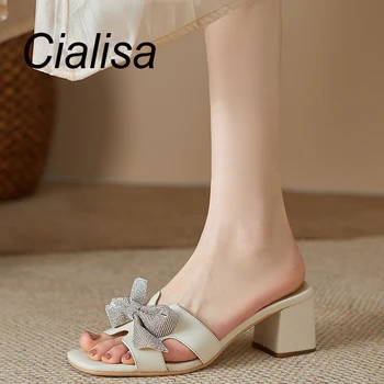 Чехли Cialisa/2023, Летни Обувки от естествена кожа, Модни Дамски Обувки на висок Ток с Пеперуда и Възел, Дамски обувки ръчна изработка, Черен, Голям Размер на 43