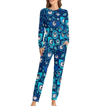 Гръцката пижама от уроки, Синьо и сребристо Модерен пижамный комплект, Дамски ежедневни облекла за сън с дълъг ръкав Голям размер