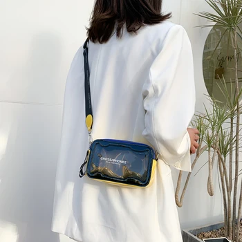 Годишната Бистра Желейная чанта, Тенденция Дамска чанта за през рамото от прозрачен PVC Ярки цветове, Дамски плажна чанта-месинджър с широк пагон