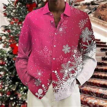 Нова коледна риза с шарени снежинки, 3D печат, Мъжки яка Поло копчета, риза на Дядо Коледа с дълъг ръкав, Висококачествен топ 6XL