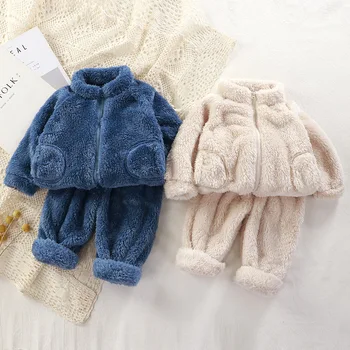 Зимни Комплекти дрехи За Малки Момчета и Момичета, Руното Hoody + панталони, Пижами за деца, Топли Блузи, Панталони, Връхни Дрехи за бебета от 0 до 18 месеца