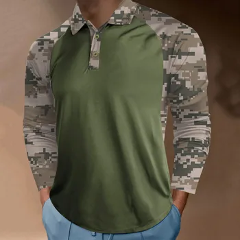 Нова мъжки Ежедневни блуза С мек спортен ревера, монофонични топ с Камуфляжным принтом, Ръкав Raglan, тениски с дълъг ръкав, потници