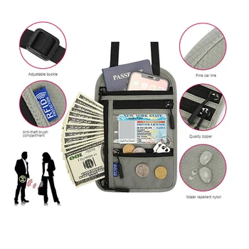 Пътна чанта на шийката на портфейла, Семеен титуляр за паспорт, Органайзер, калъф с RFID заключване, множество джобове, Кредитен калъф за документи за паспорт